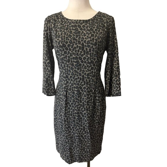 Talbots Dress 12P Black Gray Blue Leopard 3/4 Long Sleeve Stretch NEW $149 - Picture 1 of 12